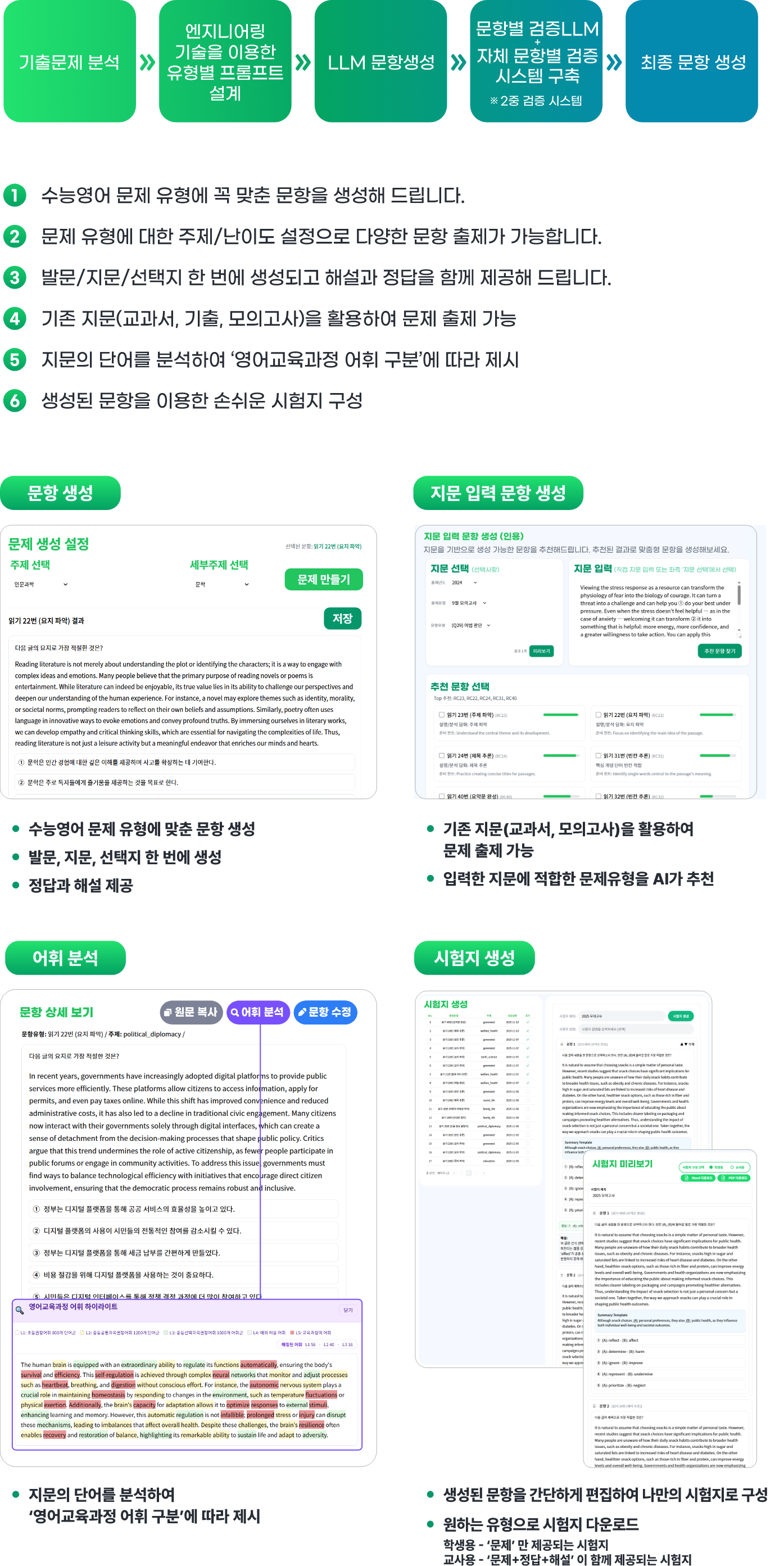 수능영어 문제 유형에 꼭 맞춘 문항을 생성해 드립니다. 문제 유형에 대한 주제/난이도 설정으로 다양한 문항 출제가 가능합니다. 발문/지문/선택지 한 번에 생성되고 해설과 정답을 함께 제공해 드립니다.